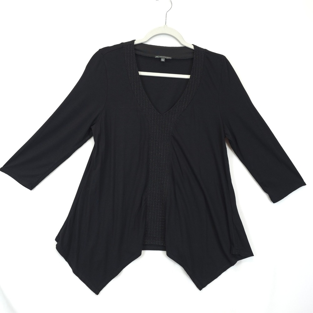 Adriannna Papell Black V-Neck 3/4 Sleeve Handkerchief Hem Flowy Women L Causal